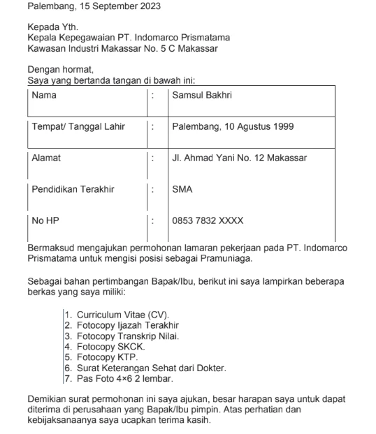 20 Contoh Surat Lamaran Kerja Indomaret Word Dan PDF