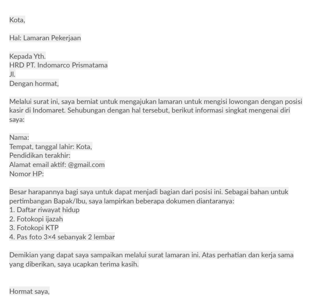 20 Contoh Surat Lamaran Kerja Indomaret Word Dan PDF